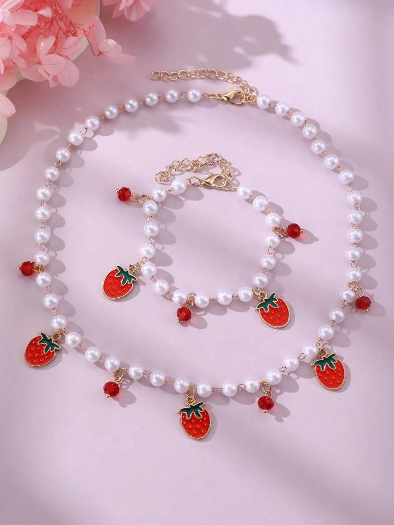 طقم إكسسوارات بناتي الفراولة واللؤلؤ 🍓🤍