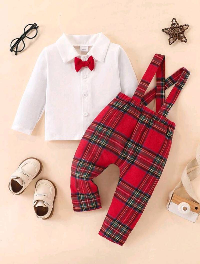 طقم أطفال رسمي بكاروهات حمراء وربطة عنق 👔✨