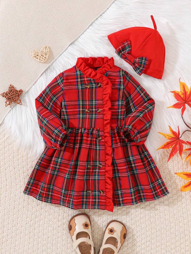 فستان كاروهات أحمر للأطفال مع قبعة 👗❤️