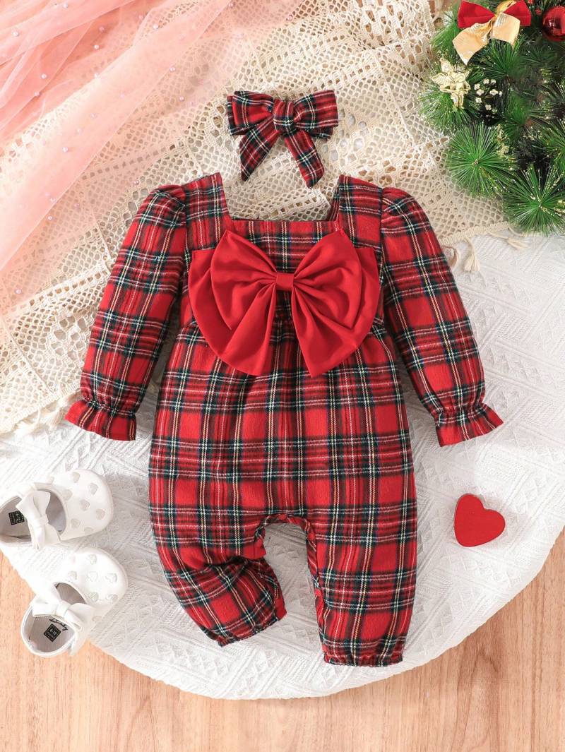 رومبير كاروهات أحمر للرضع مع ربطة شعر 👶🎀